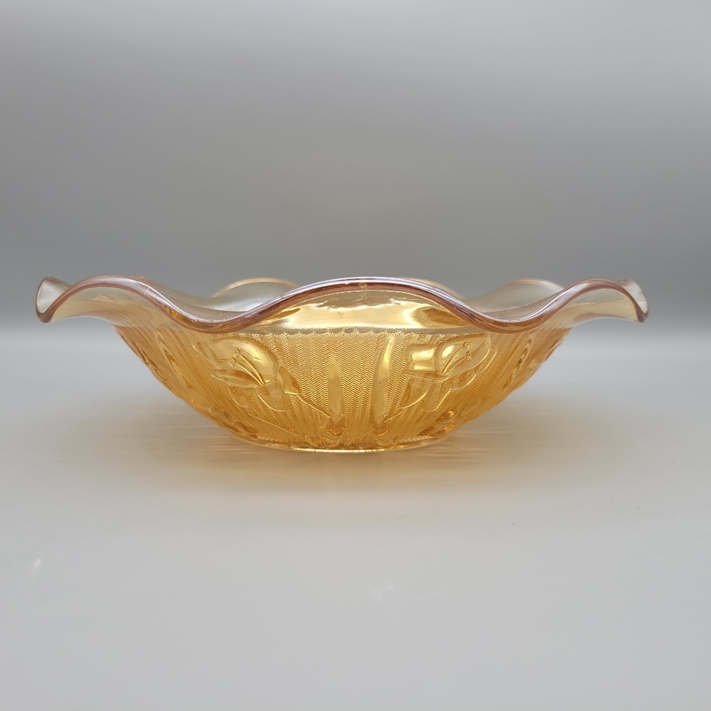 Vintage Carnival Glass Iris Iridescent by Jeannette Mid-Century Ruffled Bowl